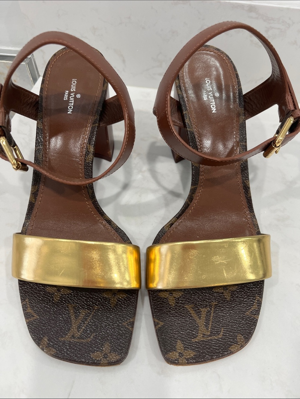 Louis Vuitton Brown & Gold Monogram Block Heel Sandals